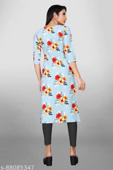 Women's 3-piece printed straight kurti, poly crepe with three-quarter sleeves, lightweight feel and superior comfort, multi-colored design for special occasions, Indian origin